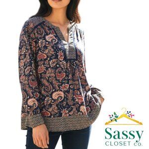 DR2 Navy Boho Paisley V Neck Top Relaxed Fit Women’s Size XL EUC